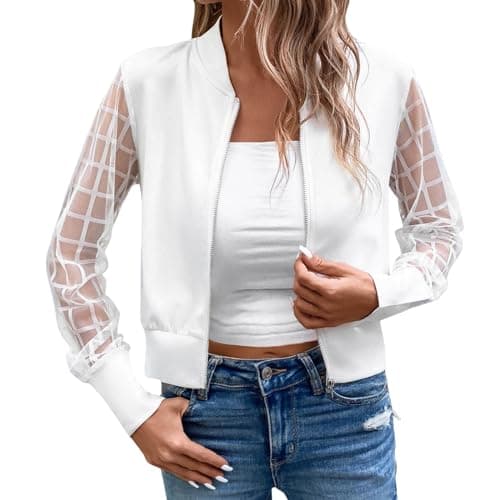 Beokeuioe Bomber Jacket with Mesh Lantern Sleeves Women's Casual Jacket Long Sleeve Lightweight Outwear Short Coat Zip Spring Summer Jacket Short Pilot Jacket Aviator Jacket, White, L