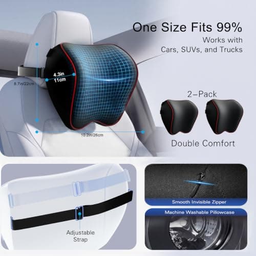 Crofy 2 Pack Car Neck Pillow, Softness Car Headrest Pillow for Driving with Adjustable Strap, 100% Memory Foam and Breathable Removable Cover, Comfortable Ergonomic Design, Black & Red — view 4