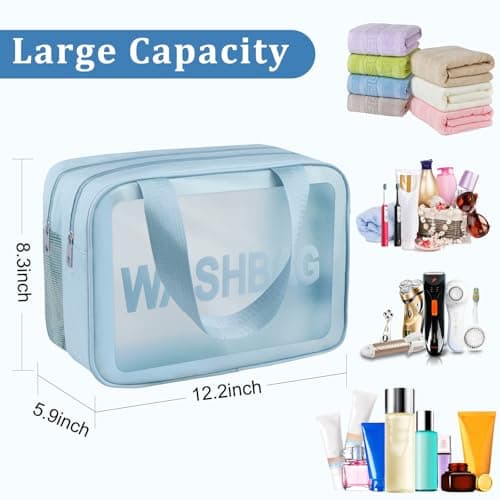 Clear Toiletry Bag, Wet Dry Separation PVC Makeup Cosmetic Bag, Large Capacity PVC Wash Bags with Handles for Women Girls Blue — view 3