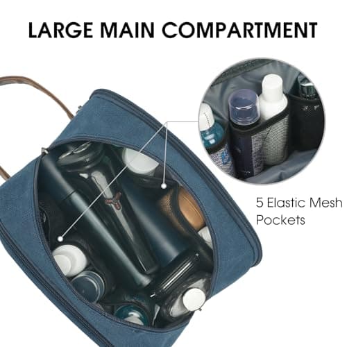 WANDF Toiletry Bag for Men, Travel Wash Bag with Handle, Water-Resistant Canvas Shaving Organiser, SBS Metal Zipper Dopp Kit for Makeup Bathroom Gym (Blue) — view 3