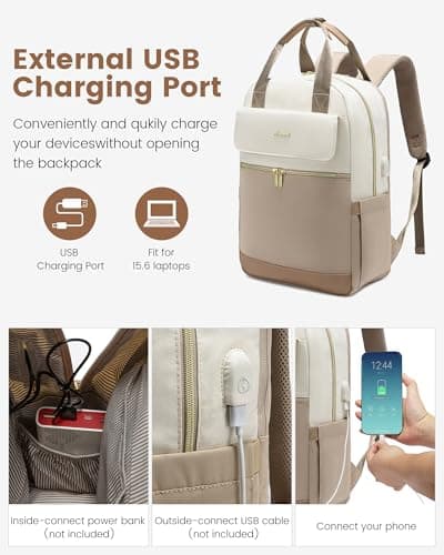 LOVEVOOK Backpack Womens, 15.6 Inch Fashion Laptop Rucksack Bag for Ladies, Lightweight Computer Backpack Work Bag with USB Port, Casual Daypacks Back Pack for School Uni Travel, Beige Khaki — view 6
