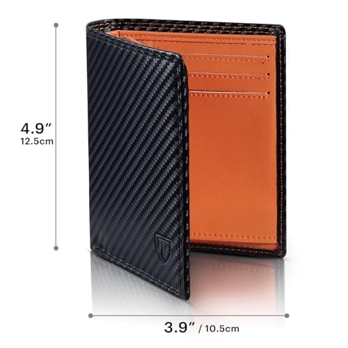 TEEHON® Wallets RFID Blocking Carbon Fibre Leather Mens Wallets with Zip Coin Pocket, 11 Card Holders, 2 ID Windows, 2 Banknote Compartments, Trifold Vertical, Black Orange — view 2