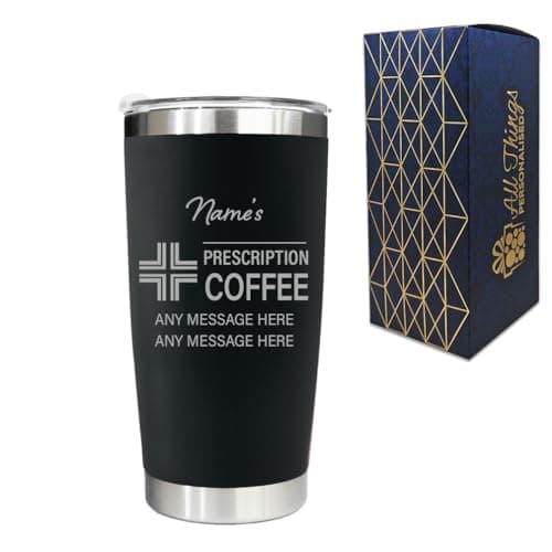 Engraved Travel Cup, Personalised Prescription for Coffee Design, 500ml or 17.5oz Capacity, Gift Boxed, Funny Gift, Black Insulated Coffee Cup