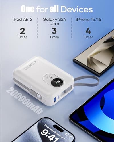 Built-in Cable 20000mAh Power Bank: 22.5W Fast Charging External Battery for Mobile Phone, USB C (Input & Output) Battery Pack, Portable Charger with 4 Outputs & 2 Inputs-White — view 6