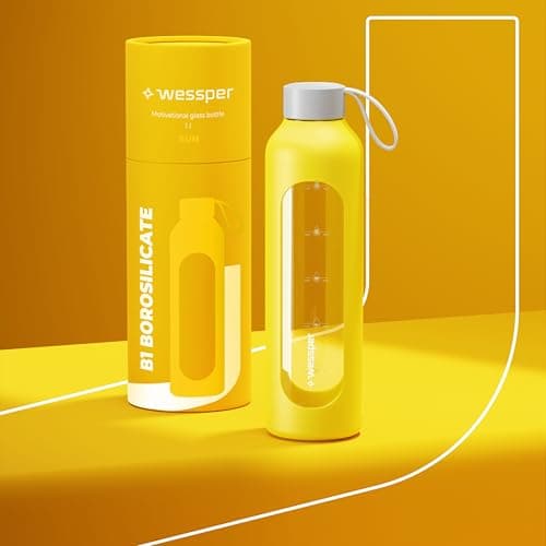 Wessper Glass Water Bottle 1L with Time Markings, BPA-Free Drinking Motivation Borosilicate Water Bottle, Airtight Glass Bottle with Bamboo Lid, Reusable with Silicone Case - Yellow — view 6