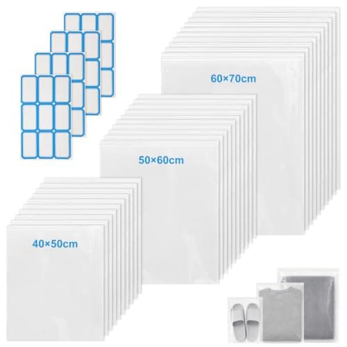 30 Pcs Large Ziplock Bags for Clothes, 70×60cm/60×50cm/50×40cm, Waterproof