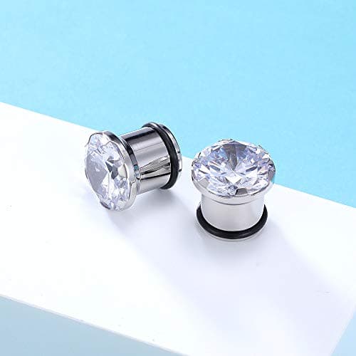PunkTracker Pair Clear CZ Zirconia Prong Set Ear Plugs Gauges Stainless Steel with Silicone O-Ring Stretcher Expander — view 5