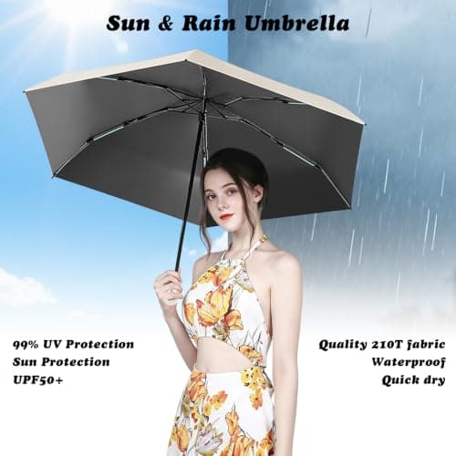 Sykerout 6 Ribs Mini Travel Umbrella, Compact Pocket Size With Storage Box，Beige — view 4