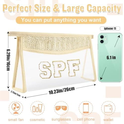 2 Pcs Boho Straw Clear Makeup Letter Pouch, Sunscreen Pouch for Beach Travel, Waterproof Beach Toiletry Sun Bag Accessories for Women — view 2