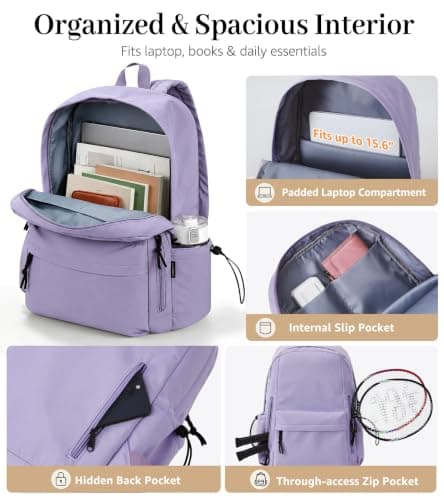 FIORETTO Backpack Womens School Bag Girls Boys, Lightweight Water-Resistant Fits 15.6” Laptop Large Capacity Rucksack with Rain Cover, Ideal for School College Commuting Travel Purple — view 4