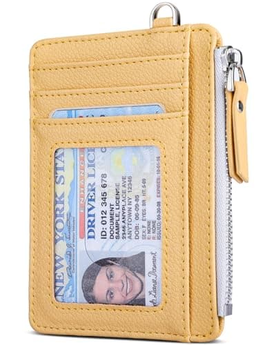 Teskyer Women Card Holder Wallet, Slim Credit Card Wallets, Minimalist, RFID Blocking, 1 ID Window, with Zipper, Holds up to 8 Cards, Yellow