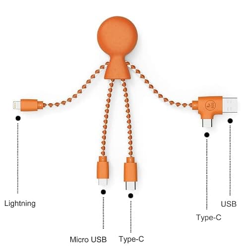 Xoopar – 4-in-1 Multi USB Cable in Octopus Shape – Universal Charger Made of Recycled Plastic – USB, USB-C, Lightning, Micro USB – Compatible with All Smartphones – Mr. Bio Orange — view 3
