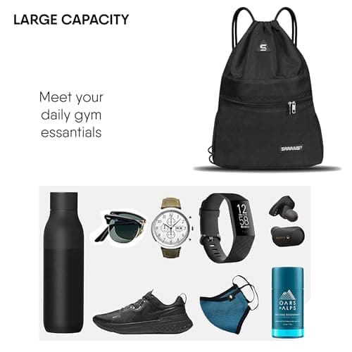 Drawstring Gym Sport Bag String Waterproof Pocket Zipper Sack Backpack for Women Men Travel Kit Bag for Hiking School Students PE Bag Outside Swimming Adult Beach Holidays (Black) — view 5