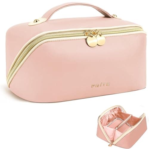Prite Travel Makeup Bag Flat Lay Cosmetic Case with Brush Pocket, Pink, M