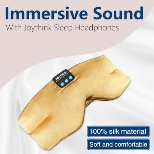 Joythink Sleep Headphones Bluetooth Sleep Mask Silk Headband Earphones Bluetooth Eye Mask for Sleeping On Side Blackout Soft Sleep Earphones Music Kids Children Eye Cover Champagne Gold — view 2