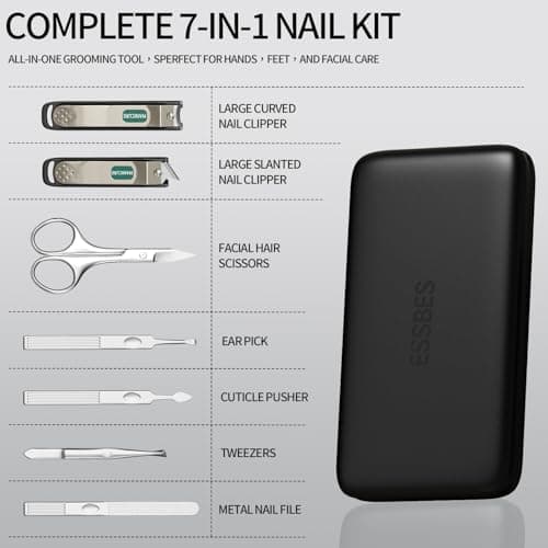 ESSBES Professional Manicure Set for Men & Women, 7-Piece Stainless Steel Nail Grooming Kit with Large Nail Clippers, Travel Manicure Kit in Black PU Leather Case — view 2