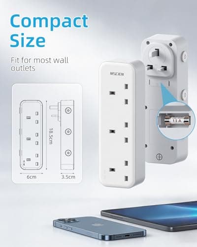 Mscien Multi Plug Extension Socket, UK Wall Socket Plug Extender with 315 Degree Rotating Design for Home, Office, Dorm (3 Way UK Sockets) — view 6