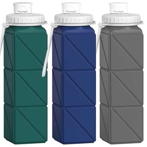 Popdigito 3 pack Collapsible Water Bottles,Silicone Foldable Portable Water Bottle 20.6oz, Lightweight Reusable Leakproof for Travel Hiking Camping Cycling Workouts Yoga Fitness Indoor Outdoor Sports