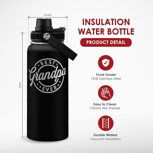 Grandpa Gift from Kids, Insulated Stainless Steel Water Bottle 32oz, Best Grandpa Ever, Vacuum Chug Lid Travel Tumbler for Men Granddad Papa, Gift for Birthday Christmas Fathers Day — view 2