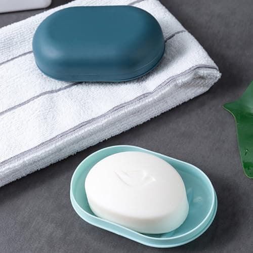 Lansonee 2 Pcs Covered Soap Trays, Leak-Proof & Sealable Travel Soap Box, Portable Soap Dish for Hiking, Gym, School, Bathroom - Dark Blue + Pink — view 5