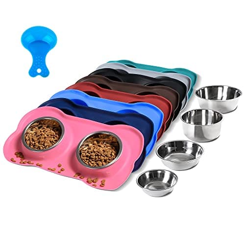 Hubulk Pet Dog Bowls 2 Stainless Steel Dog Bowl with No Spill Non-Skid Silicone Mat + Pet Food Scoop Water and Food Feeder Bowls for Feeding Small Medium Large Dogs Cats Puppies (M, Pink)