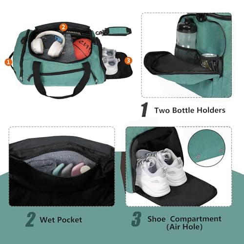 OLQI Gym Bag with Shoe Compartment & Wet Pockets for Men/Women,Sports Duffle Bags for Workout/Fitness/Travel (Turquoise, 20"x11"x11") — view 3