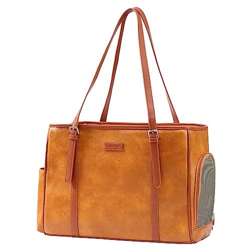 Lasaviin Leather Carrier Bag for Small Dogs Cats Puppies Airline Approved Brown