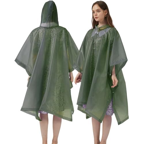 Cosowe Rain Ponchos Waterproof Adults, 2pcs Reusable Raincoats Portable, Family Pack Festival Plastic Coats for Women Men with Sleeves Hood, Green — view 5