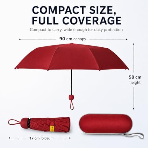 Mini Folding Umbrella with Case, Pocket Sized Lightweight Portable Umbrella, Light Compact Rain Umbrella for Travel Outdoor Daily Use, Small Sun Rain Pocket Umbrella for Girls and Women men (Red) — view 6