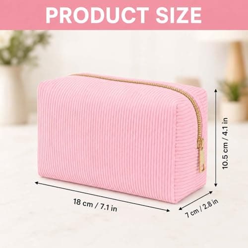 Soft Pink Corduroy Makeup Bag with Gold Metal Zipper for Cosmetic Storage in Travel, Vanity & Daily Commute - Portable Pouch Organiser for Women — view 5