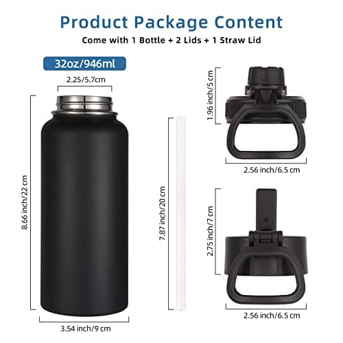 Volhoply 1 Litre Insulated Water Bottle with Straw Lid and Spout Lid,Stainless Steel Sports Water Bottle,Double Wall Vacuum Tumbler,Leakproof Metal Flask with Wide Mouth for Hiking,Camping(Black,1) — view 6