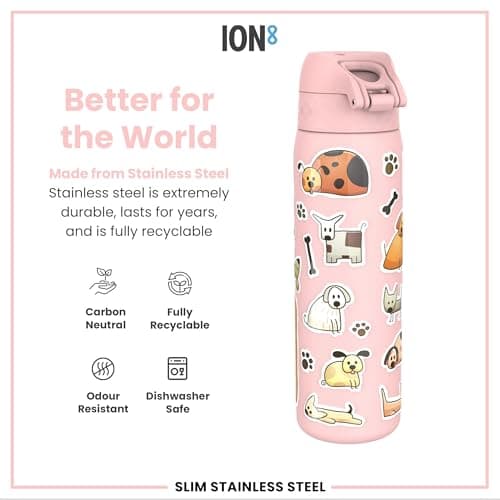 Ion8 Lightweight Steel Water Bottle, 600 ml/20 oz, Non-Insulated, Leak Proof, Easy to Open, Secure Lock, Dishwasher Safe, Flip Cover, Fits Cup Holders, Carry Handle, Metal Water Bottle, Dogs — view 5