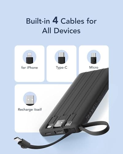 VRURC 10000mAh Power Bank With Built-in 4 Cables, Slim Portable Charger — view 2