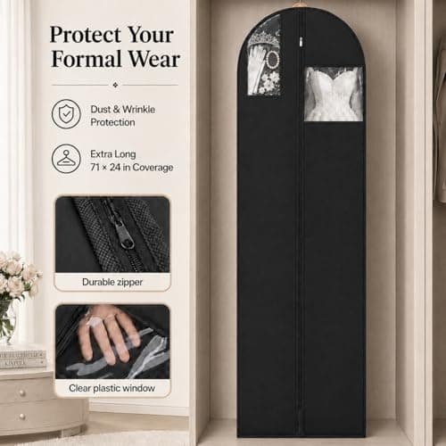 Sytinnice 2Pcs Long Dress Garment Bags, 60×180cm Folding Full Length Garment Cover Bag with Zipper, Pocket & Handle, Breathable Clothes Covers for Gowns Dresses Travel & Storage(Black) — view 3