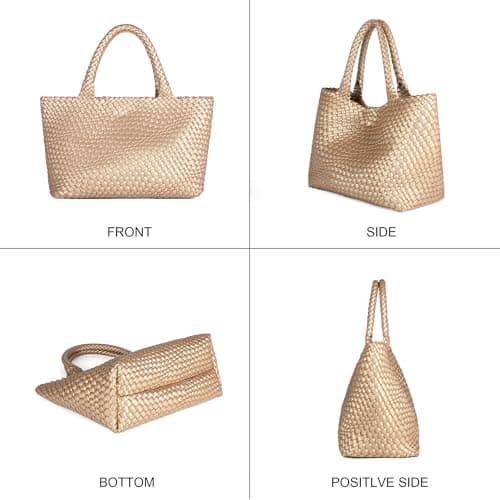 Queenoris Woven Bag for Women, Fashion Top Handle Shoulder Bag Vegan Leather Shopper, Golden — view 6