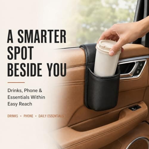 Leather Car Door Cup Holder, Window-Mount Drink & Phone Organizer (Black) — view 2