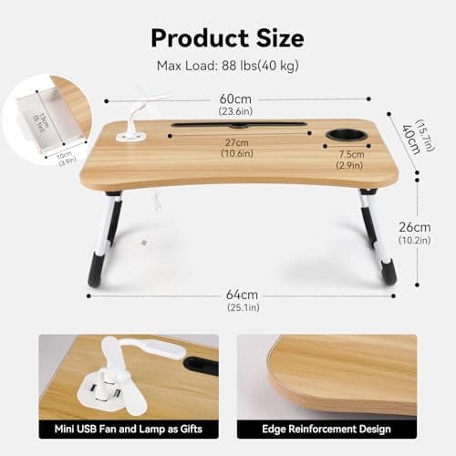 Foldable Laptop Table with USB Ports, Drawer,Cup Holder&Tablet Slot, Walnut — view 6