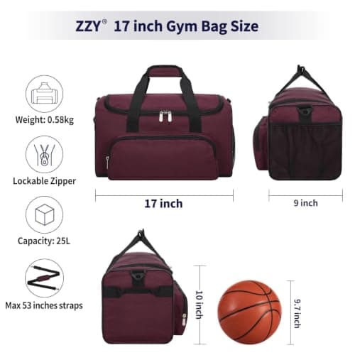 ZZY 25L Small Gym Duffle Bag, 17 inch, Maroon — view 5