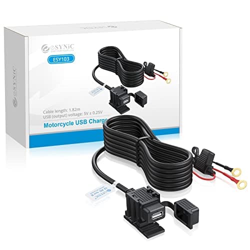 eSynic Professional Motorcycle USB Charger - Waterproof 1.82m/6ft Socket for Phone, GPS - Universal 12/5V Motorbike Charger