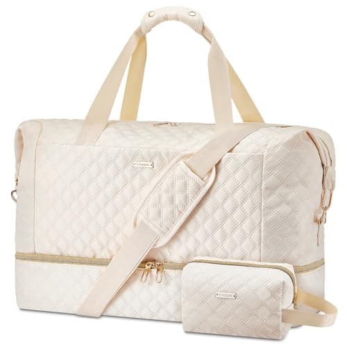 Gloppie 39L Foldable Travel Duffel Bag - Waterproof Gym Holdall & Mum Hospital Bag for Women Weekend Overnight Carry on Tote Bag with Shoes Compartment & Makeup Bag, 2 Pcs Set (Beige)