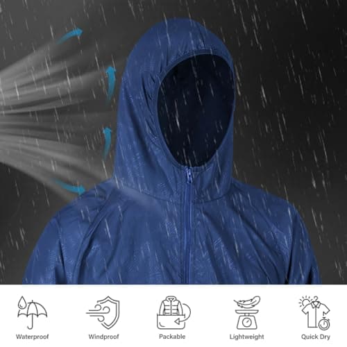 BSBUY Mens Waterproof Jackets Lightweight Rain Jacket Packable Hooded Rain Coats Fast Dry Raincoat Windproof Shell Jacket with Storage Bag and Pocket Solid Color Pullover Top for Travel Hiking Camping — view 5