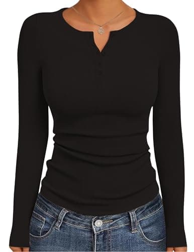 Ekouaer Womens Thermal Long Sleeve Ribbed Henley Top 1 Pack Black L — view 2