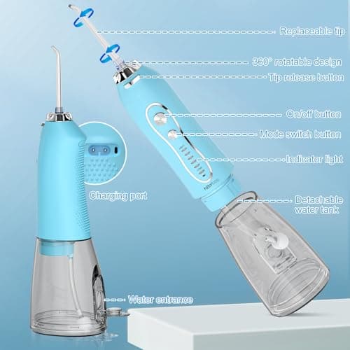 H2ofloss Cordless Portable Water Dental Flosser, 5 Mode IPX7 Waterproof Oral Irrigator, 300ML Rechargeable WaterFlosser for Teeth Cleaning - Sky Blue — view 5