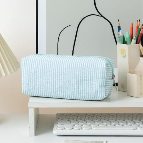 Pencil Case for Girls, Seersucker Striped Pen Bag Aesthetic Cute Stationery Pouch Large Capacity Multifunctional Design for Travel Storage Blu — view 2