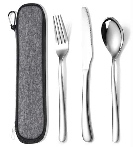 MURRI&MURRDI Stainless Steel Cutlery Set for 1, Travel Knife Fork Spoon with Case, 3 Pieces Cutlery Set for Work Lunch, Portable Reusable Flatware Set for Camping (3 Silvery)