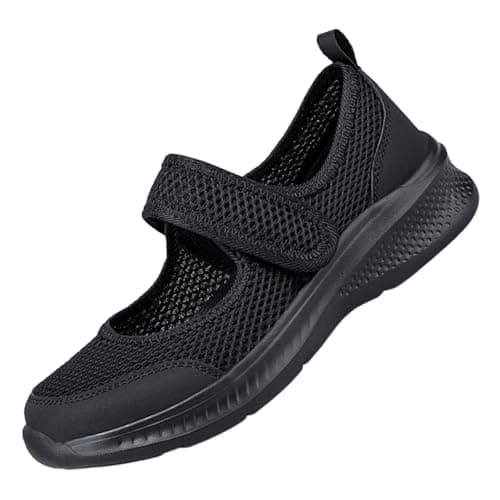 Womens Orthopedic Mary Jane Shoes Summer Breathable Knit Adjustable Strap Barefoot Lightweight Comfortable Non Slip Walking Shoes for Hiking Holiday UK Black, Size 7