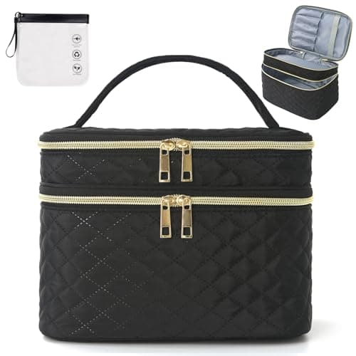 Double Layer Makeup Bag Cosmetic Bags for Women, Make Up Travel Bag - Black