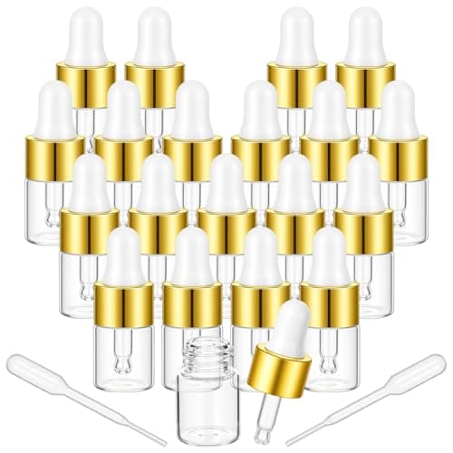 Sibba 20 Pcs Mini Dropper Bottle, 2ml Small Sample Bottle Empty Essential Oil Bottles with Gold Cap, Travel Empty Vails for Cuticle Oil Essential Oils Perfume