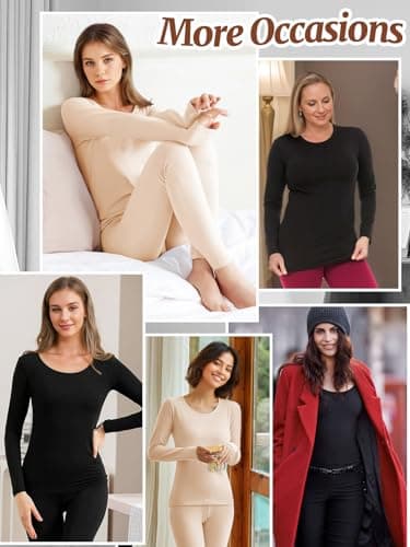Monbessi Women's Thermal Tops Scoop Neck Ladies Long Sleeve Thermal Vests Thermal Underwear Warm Wicking Thermal Base Layers(L, Beige) — view 6