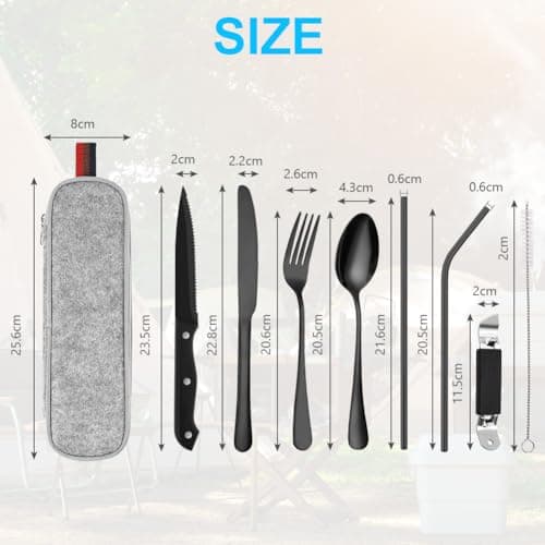 HOTUT Travel Cutlery Set with Portable Pouch Case, 9 Pcs Camping Cutlery Set with Bottle Opener Straw Spoon Knife Fork, Stainless Steel Flatware Set Portable Utensils for Outdoor Travel Picnic Office — view 2
